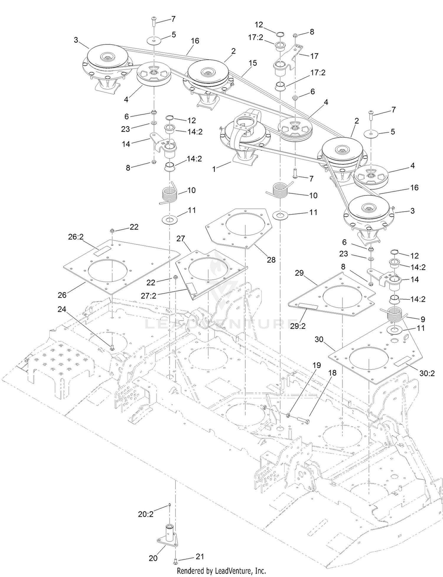 Center Deck Belt, Pulley and Spindle Assembly