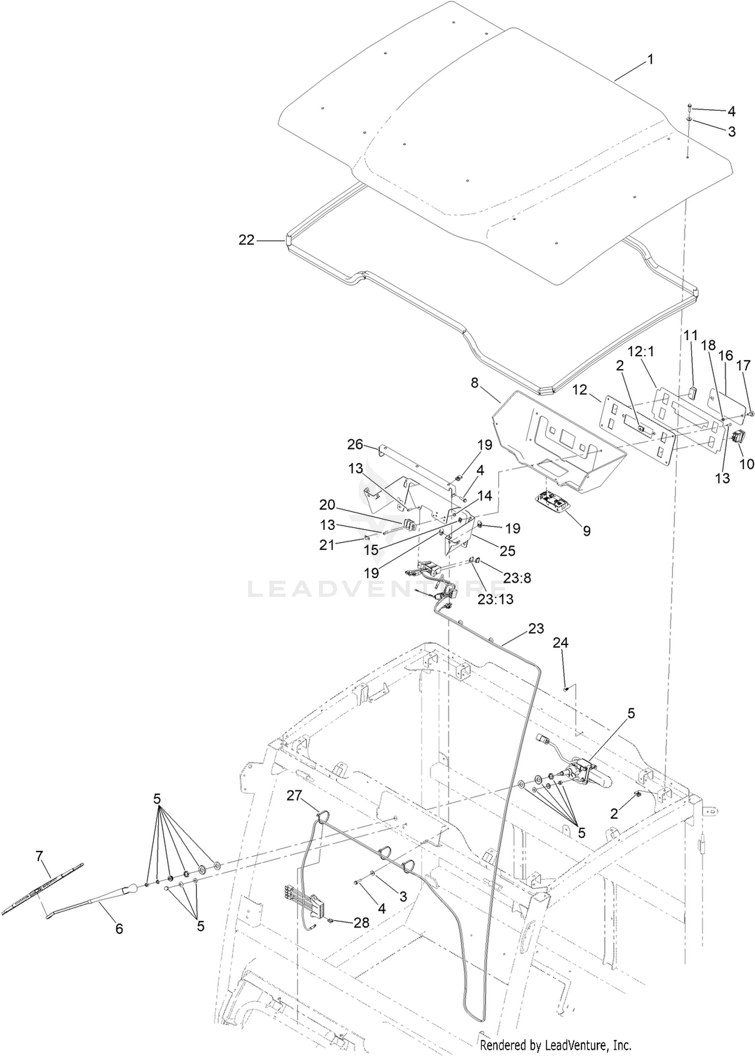 Roof, Wiper Motor and Console Assembly