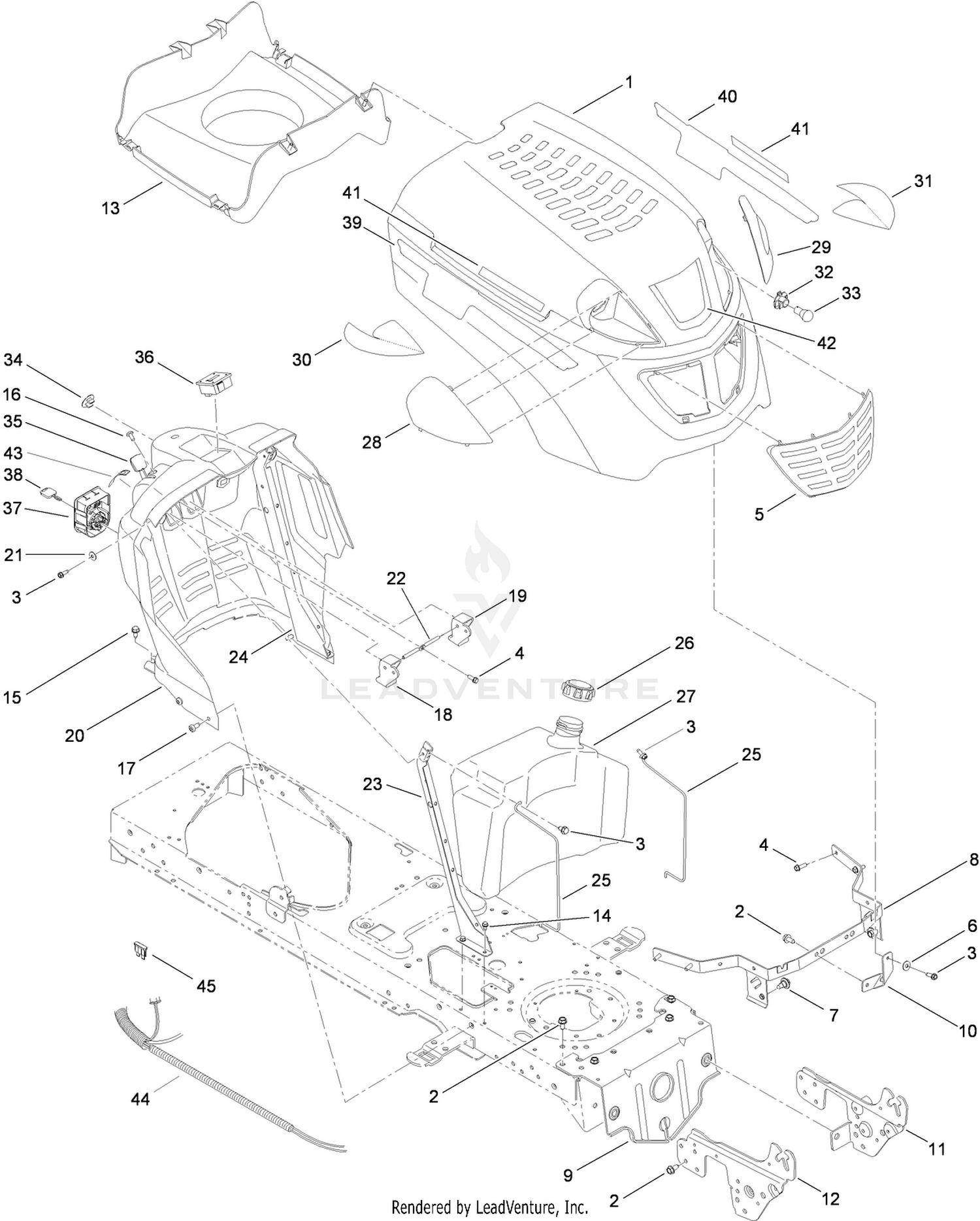 Fuel Tank, Hood and Dash Assembly