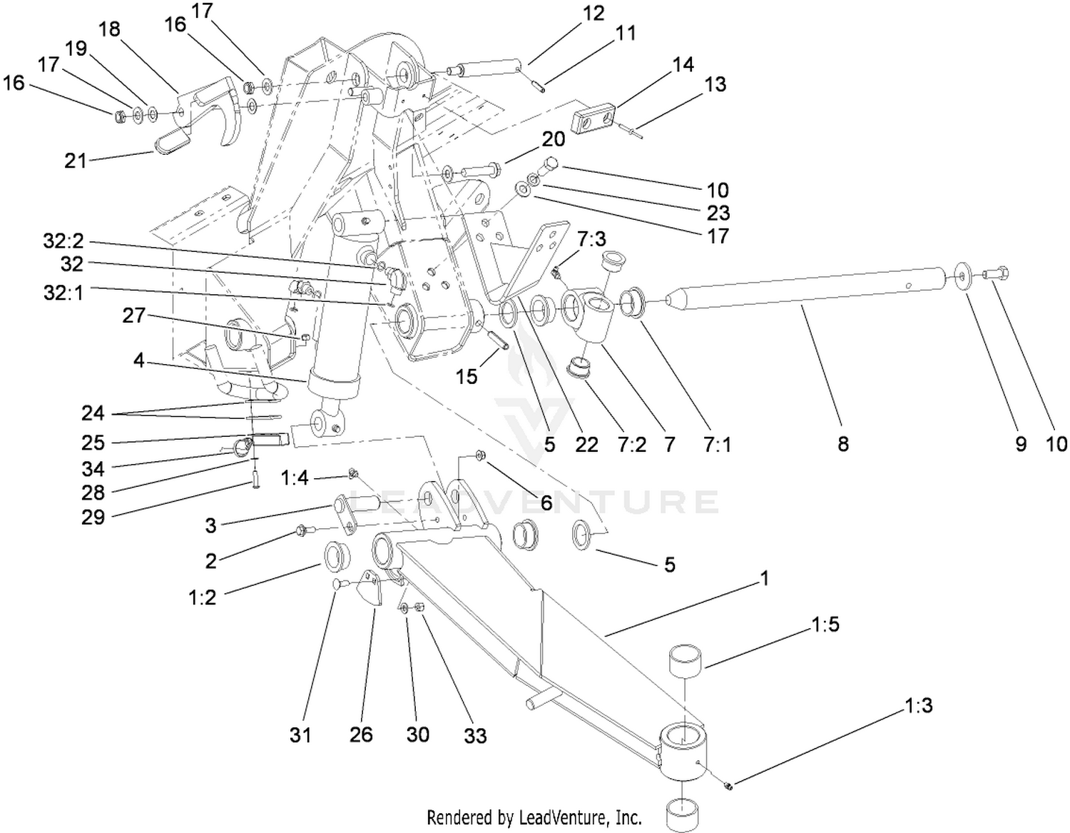 Side Deck Lift Arm, Cylinder and Latch Assembly
