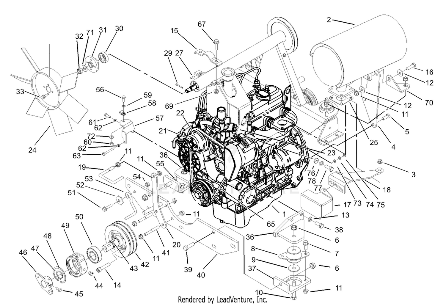 Engine, Muffler, Fan and Mounting Assembly