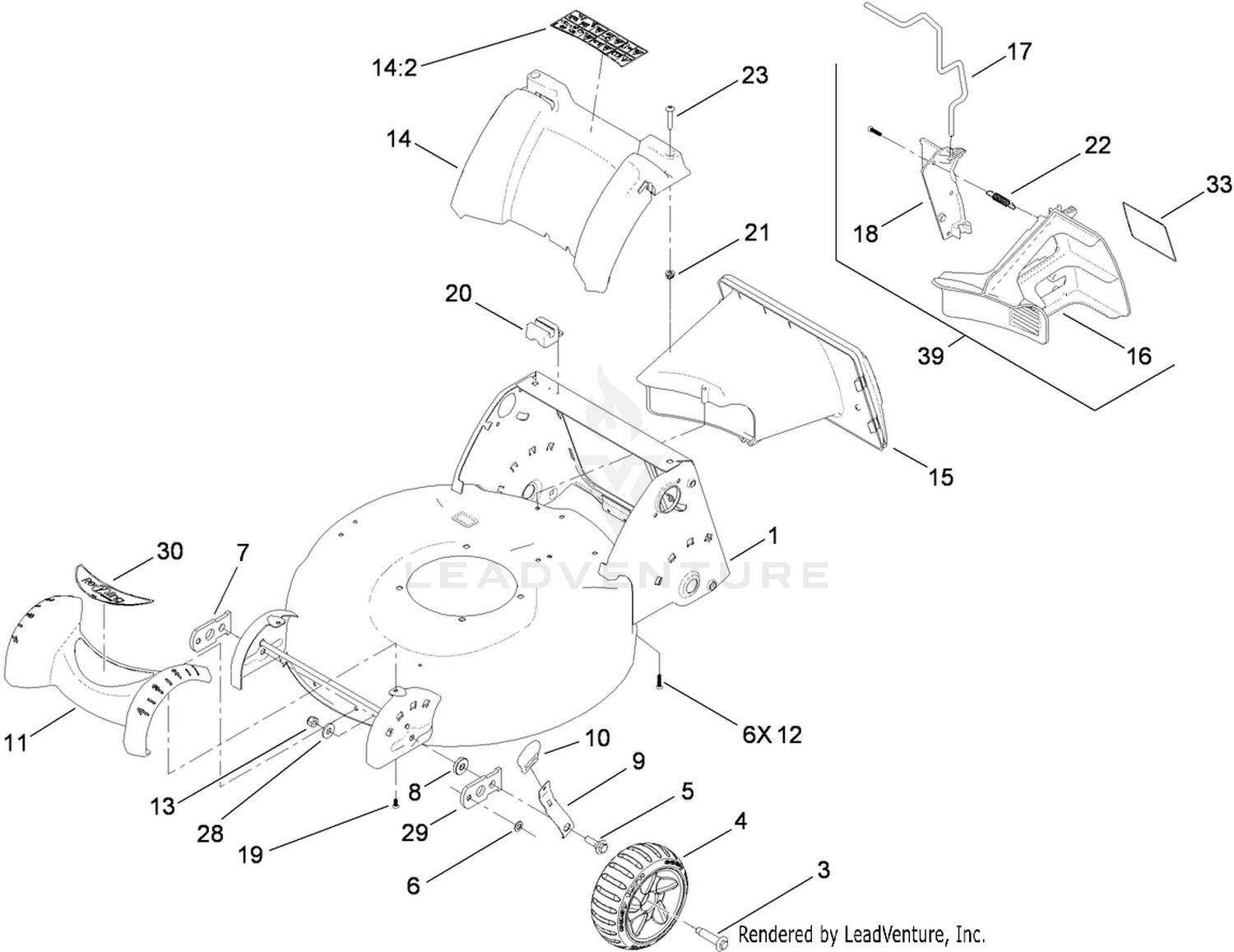 Deck Housing, Front Wheel and Rear Door Assembly