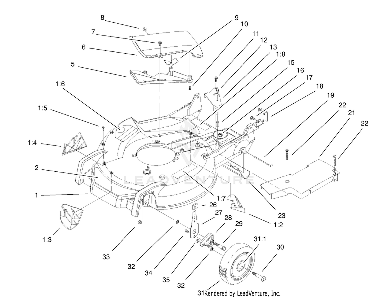 Housing, Handle Brackets,  Wheel Assembly