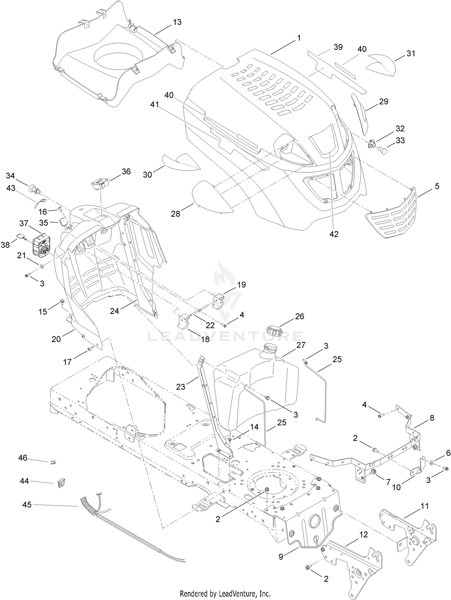 Fuel Tank, Hood and Dash Assembly