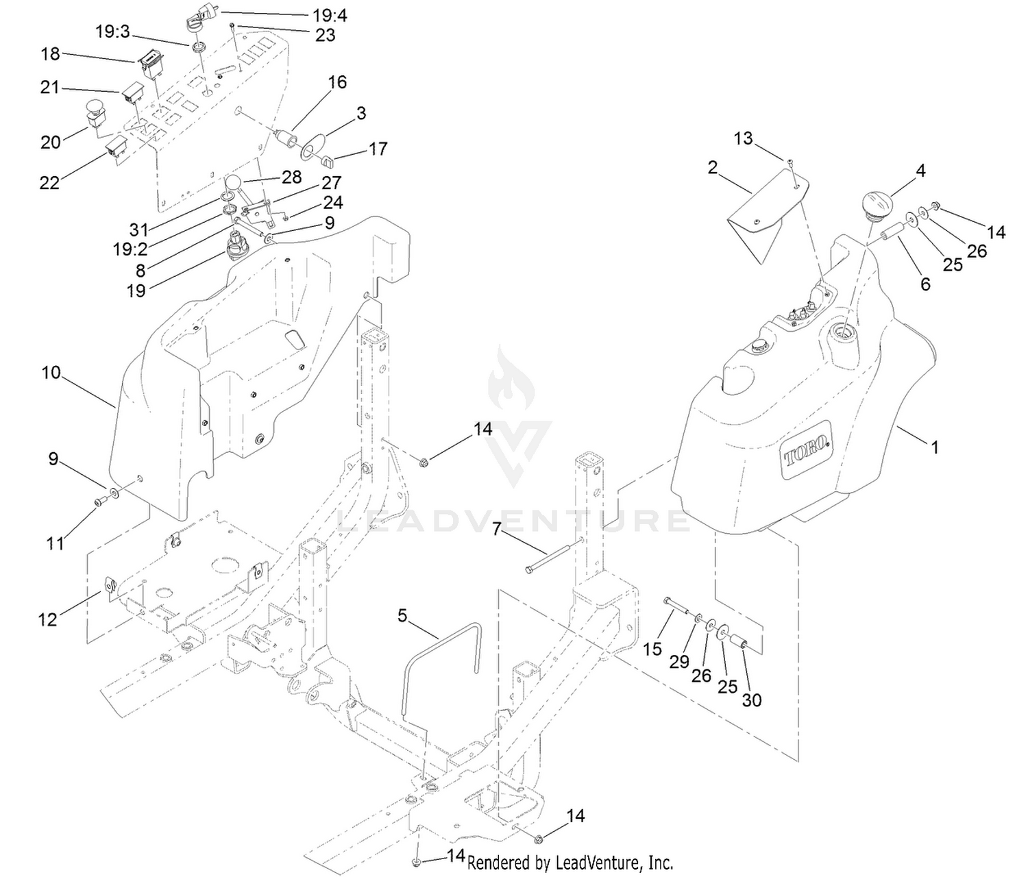 Fuel Tank and Control Panel Component Assembly