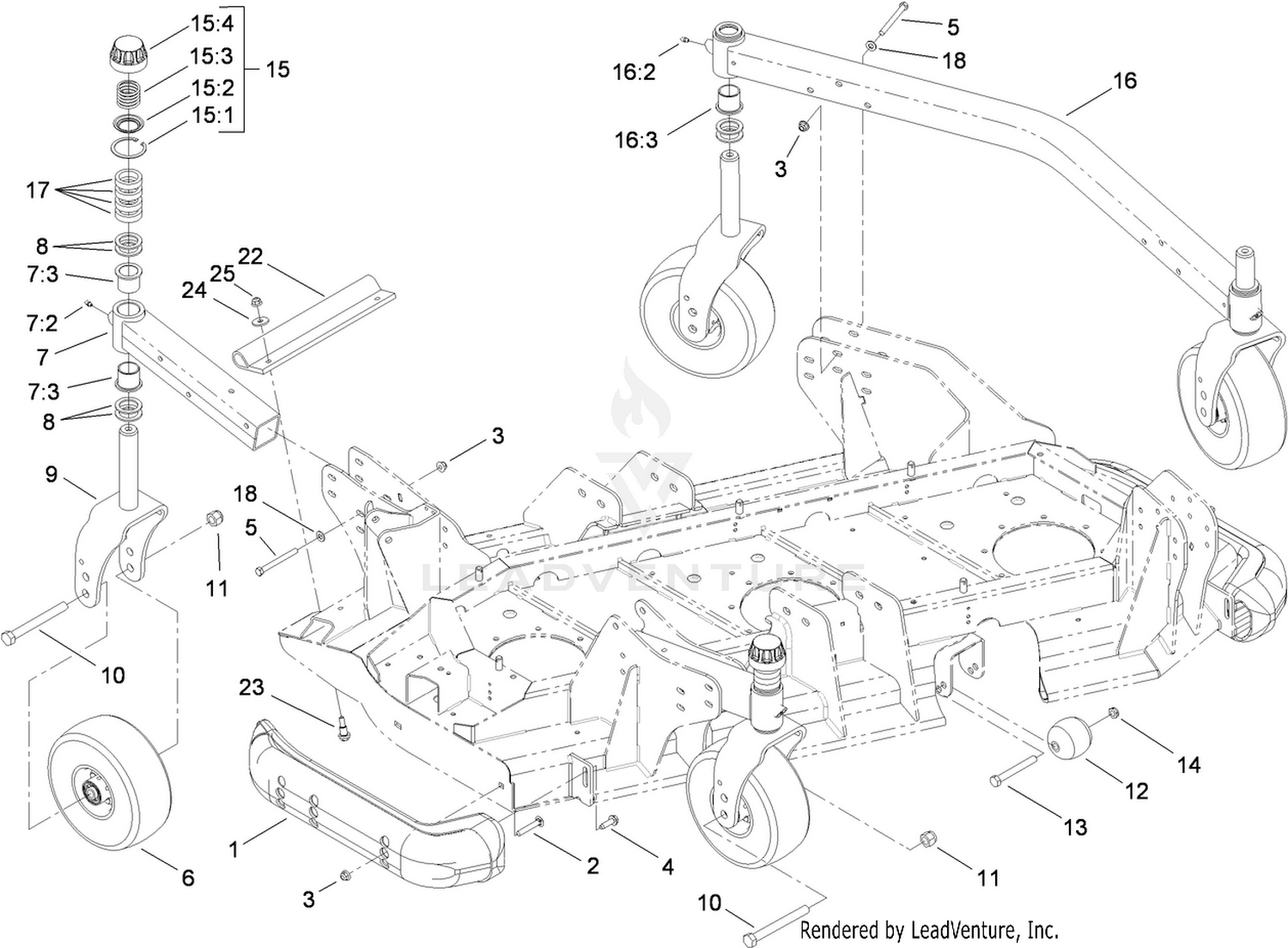 Left Deck  Roller, Skid and Caster Wheel Assembly