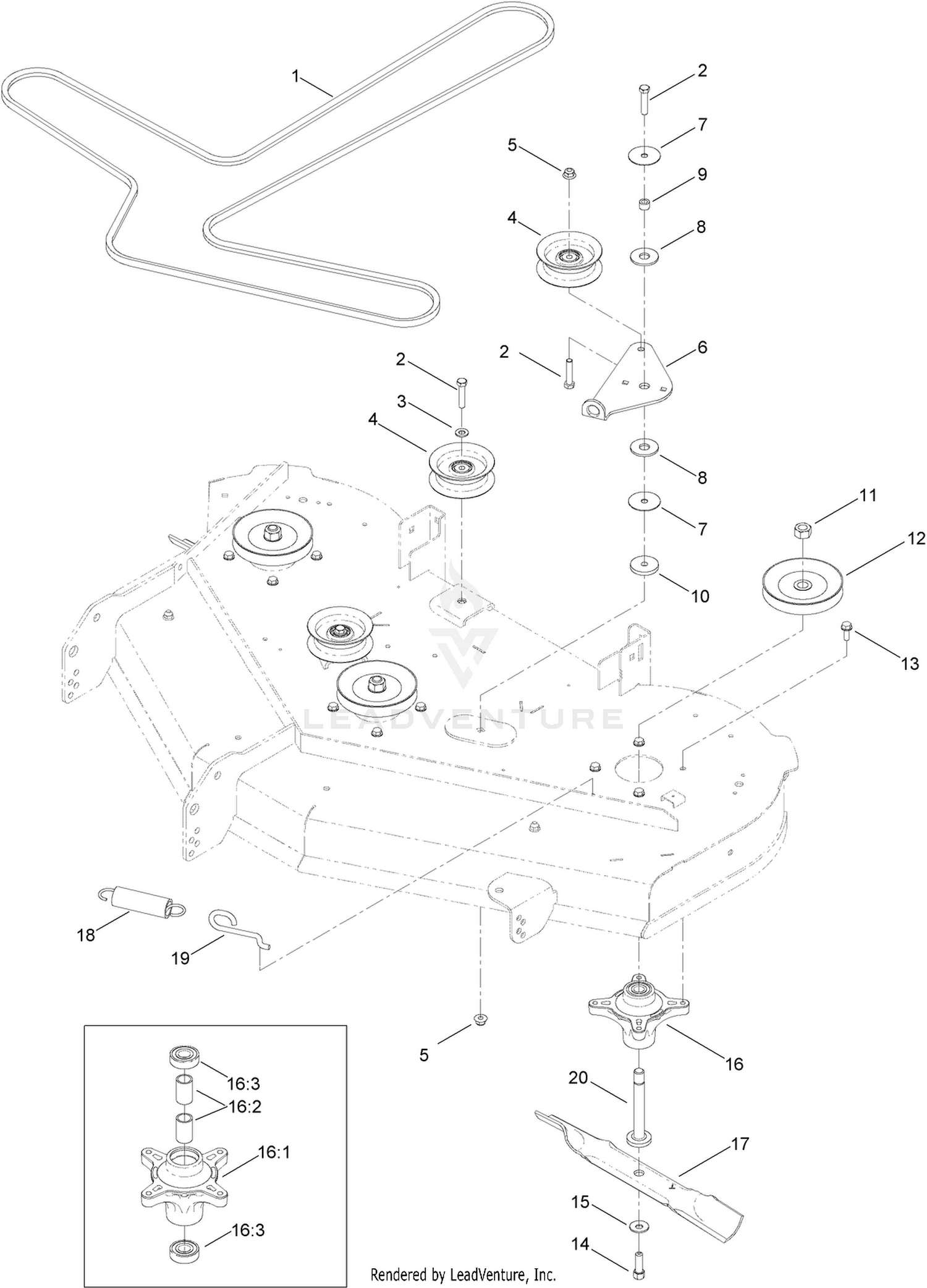50 Inch Deck Belt, Spindle and Blade Assembly