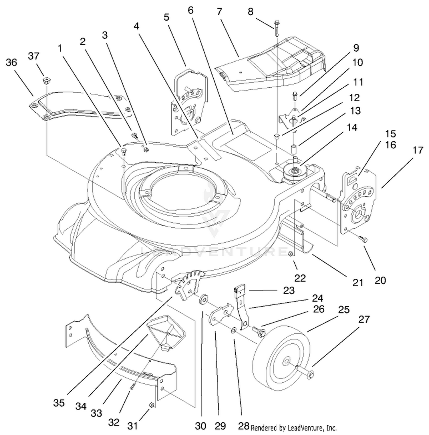 Housing, Handle Brackets,  Wheel Assembly