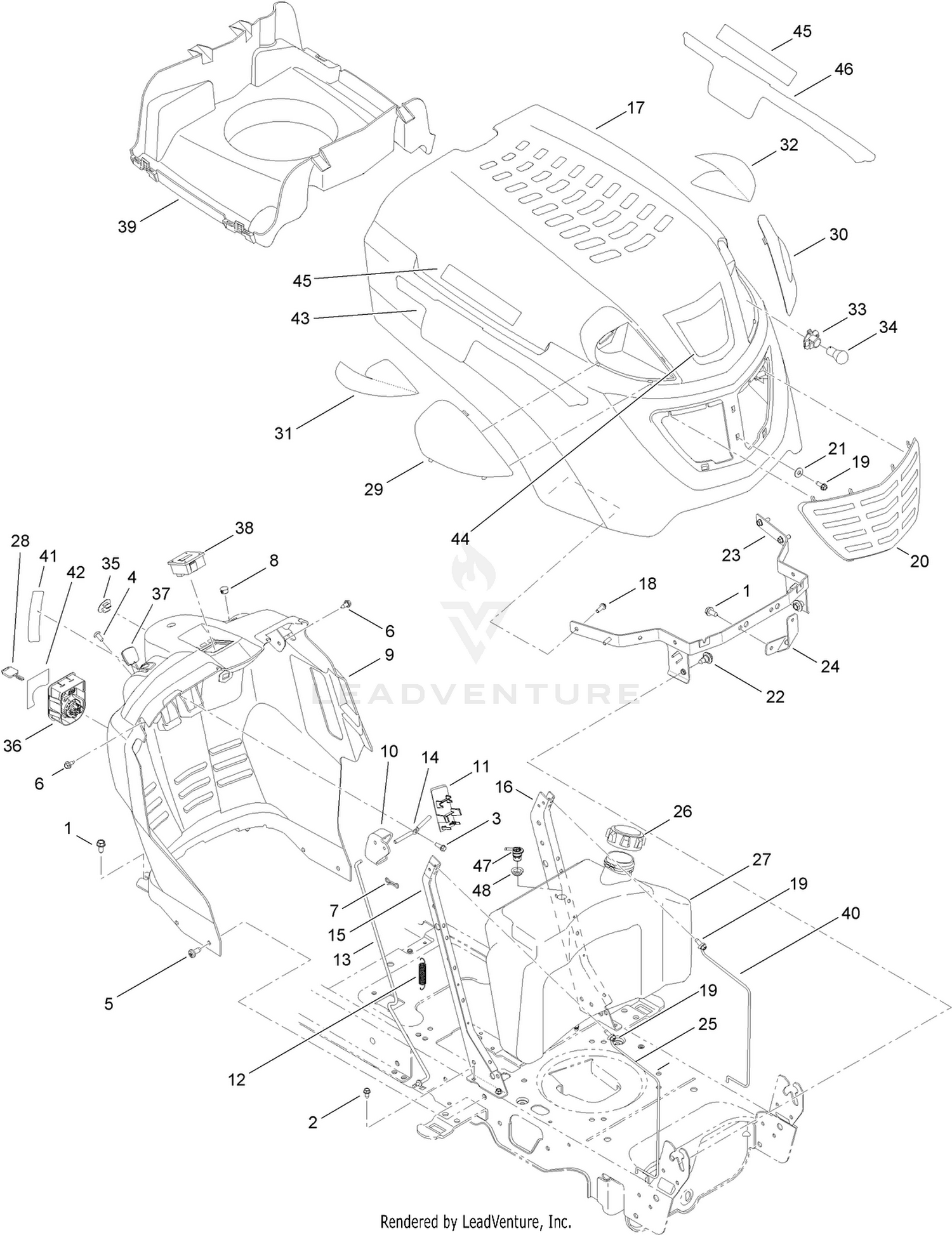 Fuel Tank, Hood and Dash Assembly