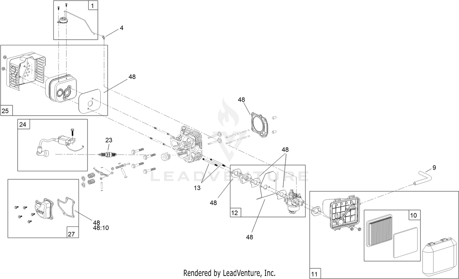 Carburetor, Muffler, Air Cleaner and Valve Cover Assembly  Engine Assembly No. 120-4413