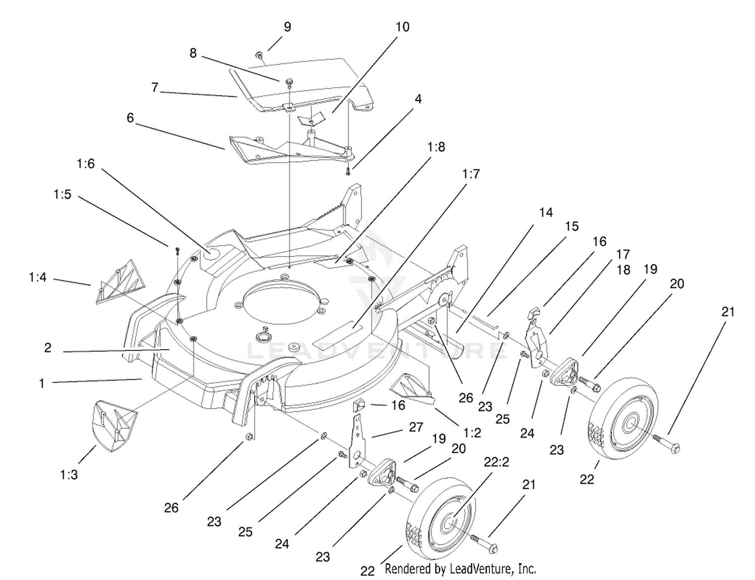 Housing, Handle Brackets  Wheel Assembly