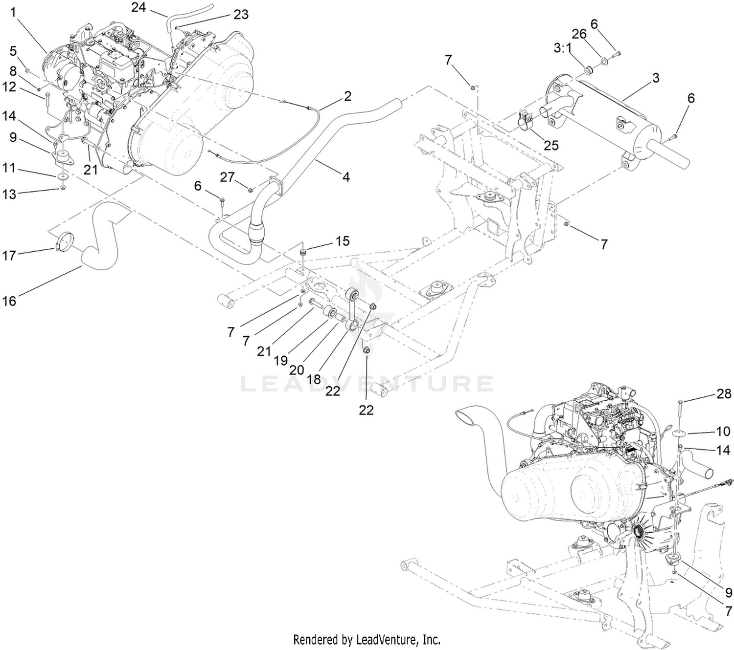 Engine Drivetrain and Exhaust Assembly