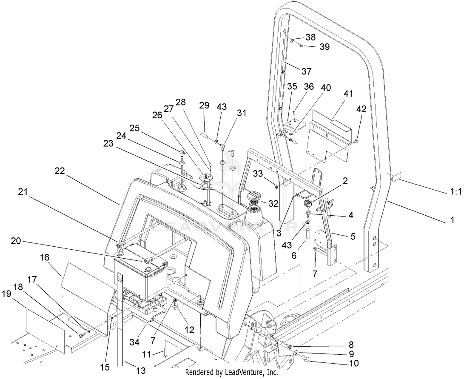 Fuel Tank, Battery and  Roll-Over-Protection-System Assembly
