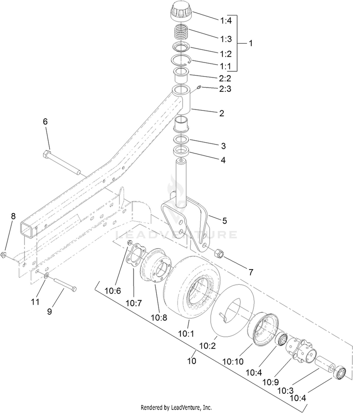 Left Deck Caster Arm and Wheel Assembly