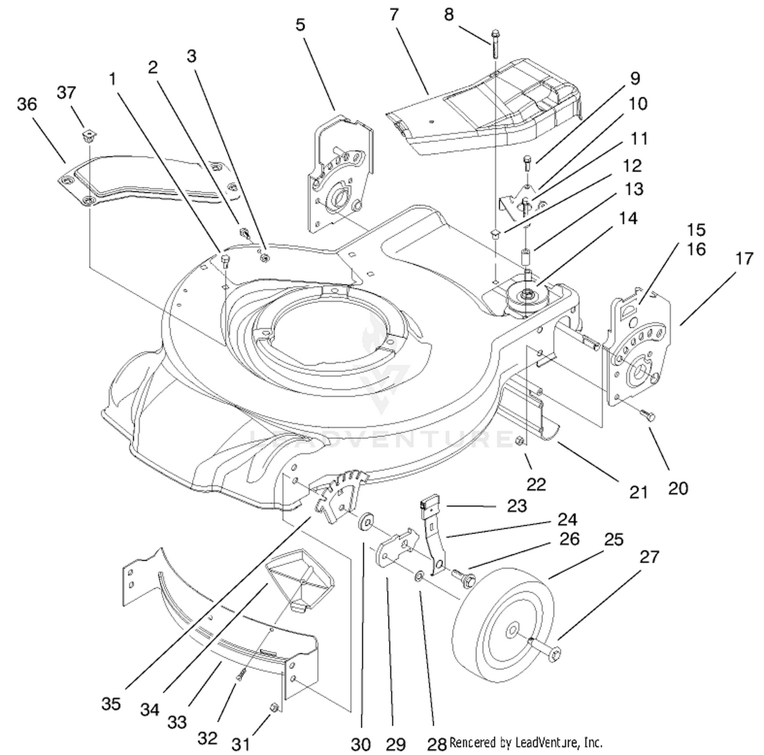 Housing, Handle Brackets,  Wheel Assembly