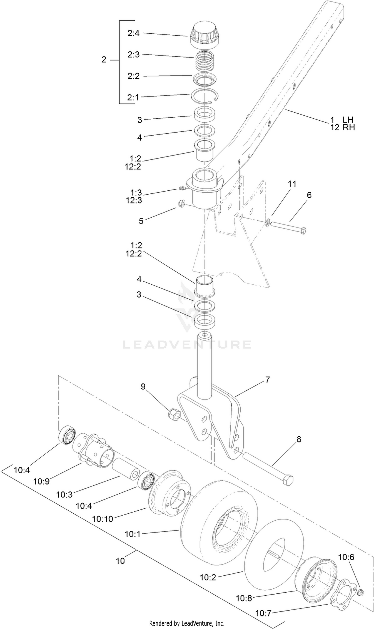 Front Deck Caster Arm and Wheel Assembly