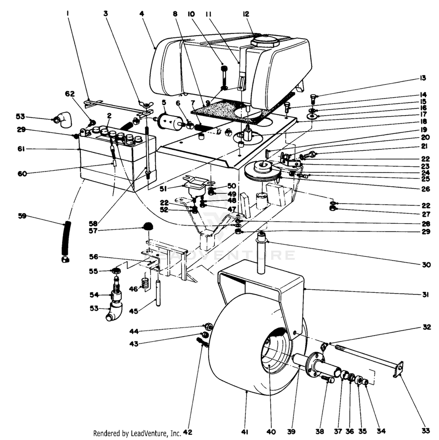 Gas Tank, Battery And Caster Wheel Assembly