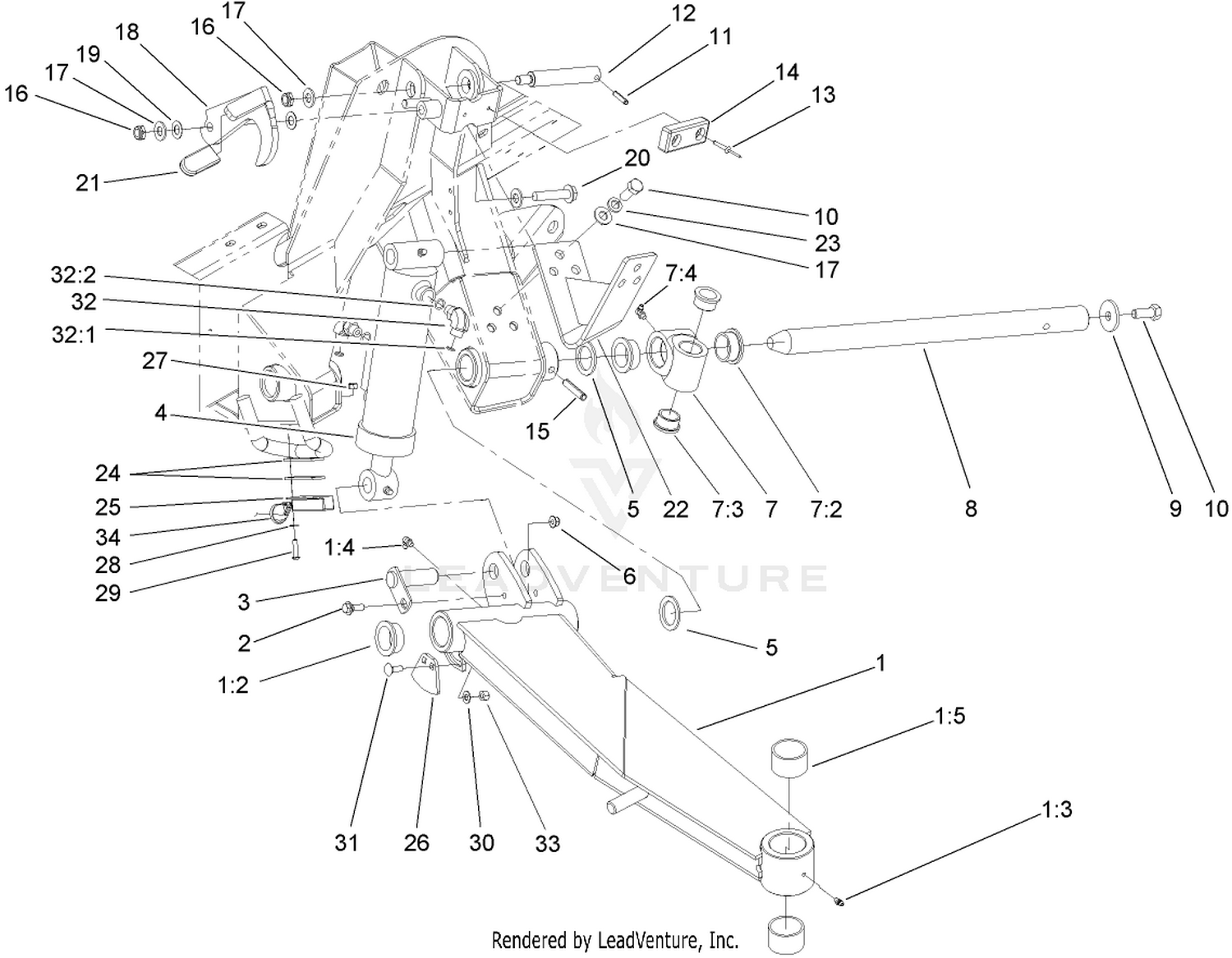 Side Deck Lift Arm, Cylinder and Latch Assembly