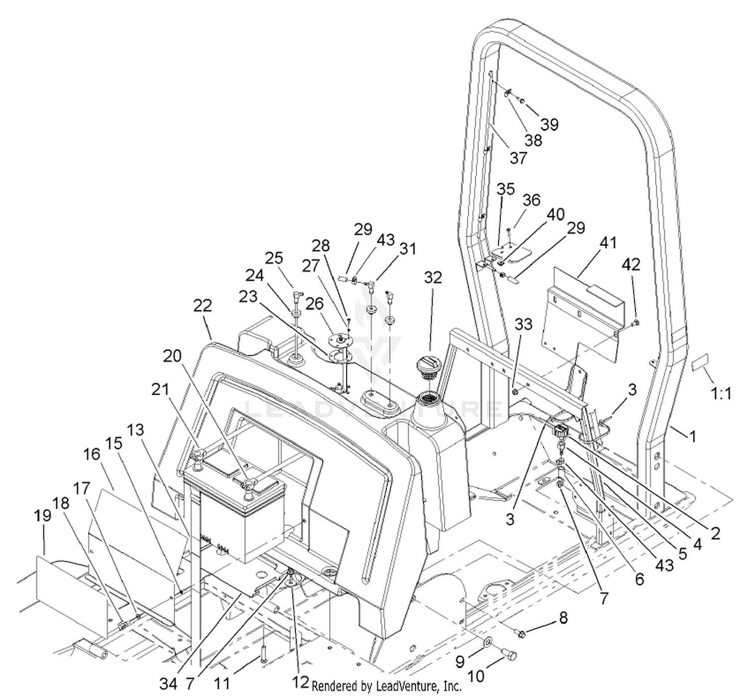 Fuel Tank, Battery and  Roll-Over-Protection-System Assembly