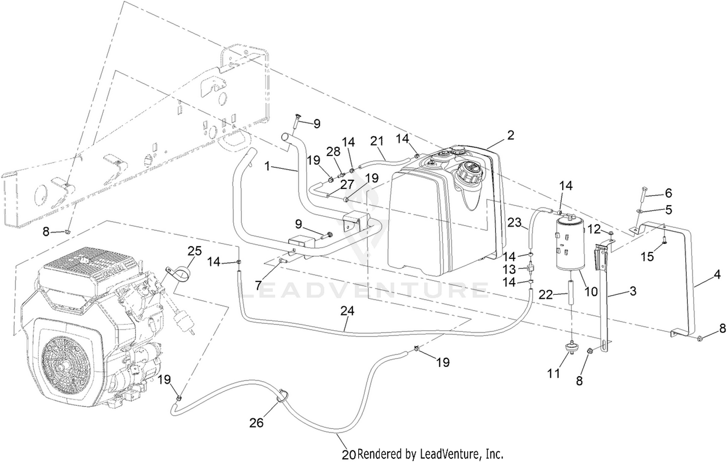 Fuel Tank, filter and line Assembly