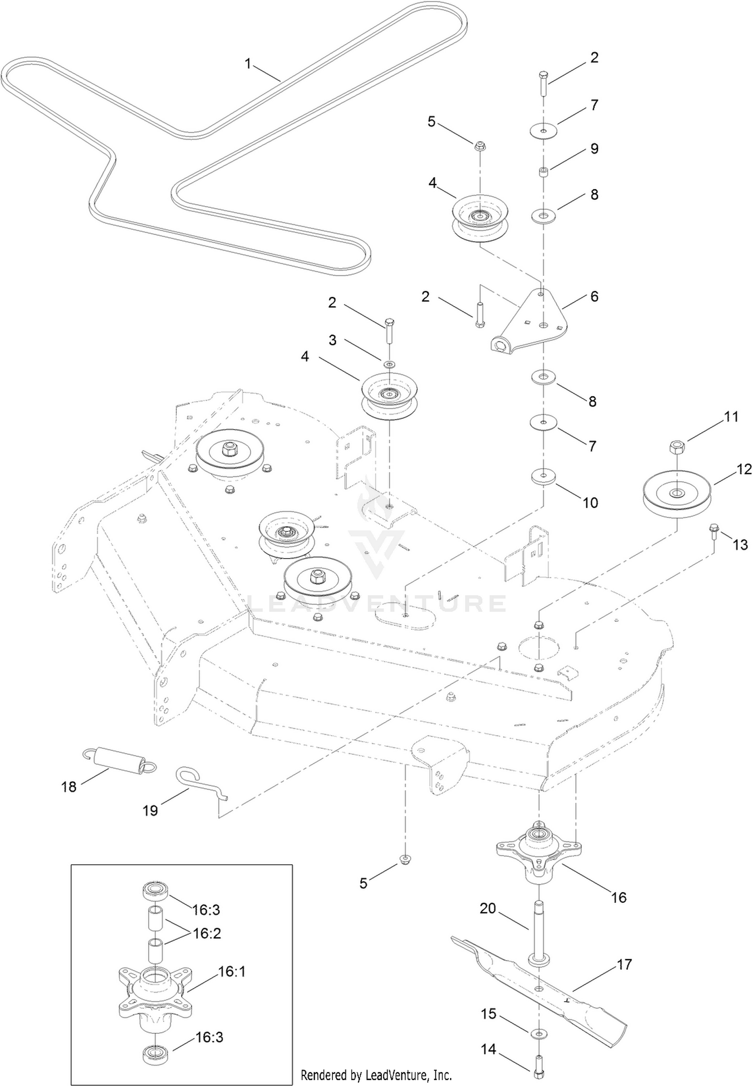 50 Inch Deck Belt, Spindle and Blade Assembly