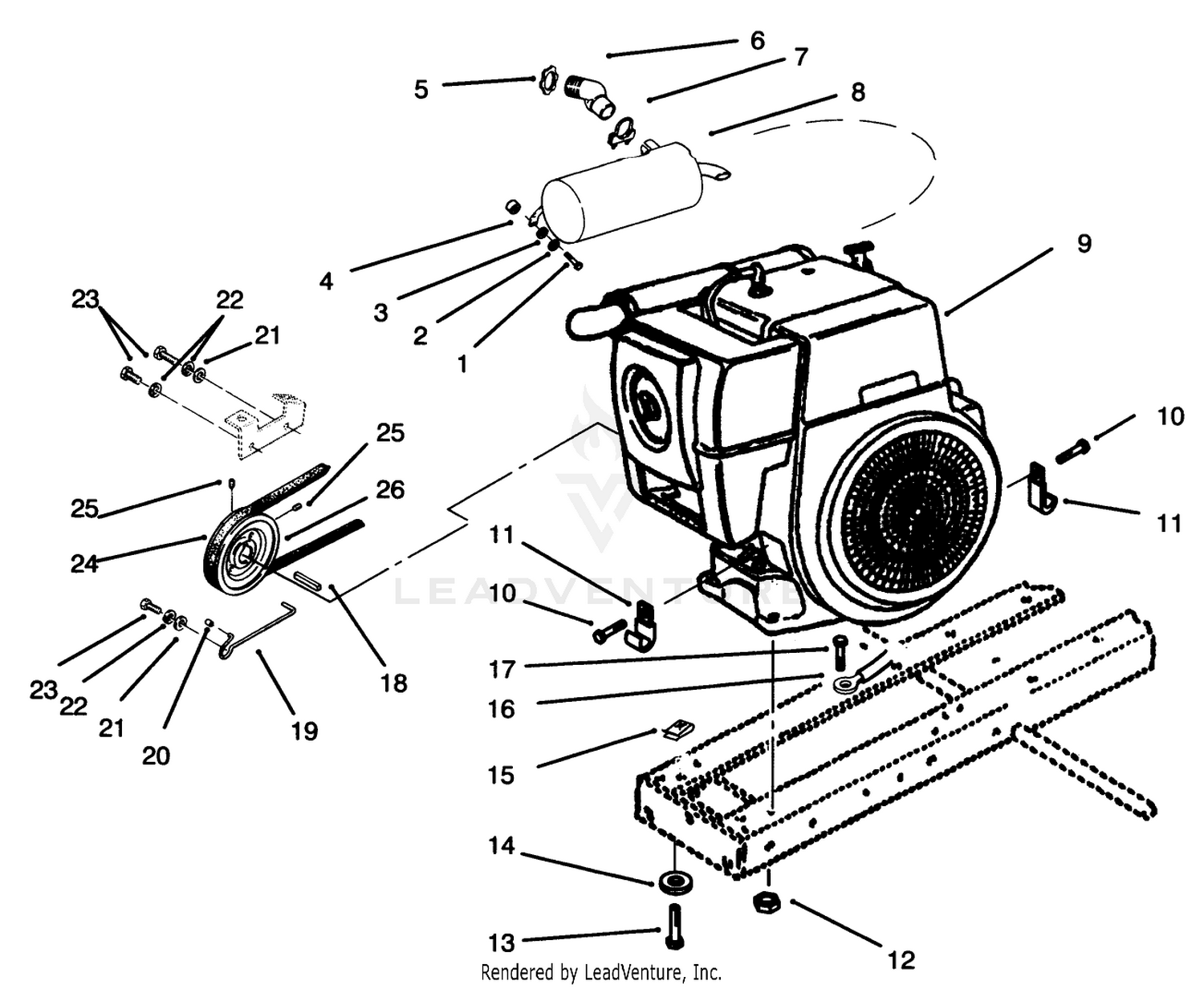 Engine, Muffler, Pulley  Drive Belt
