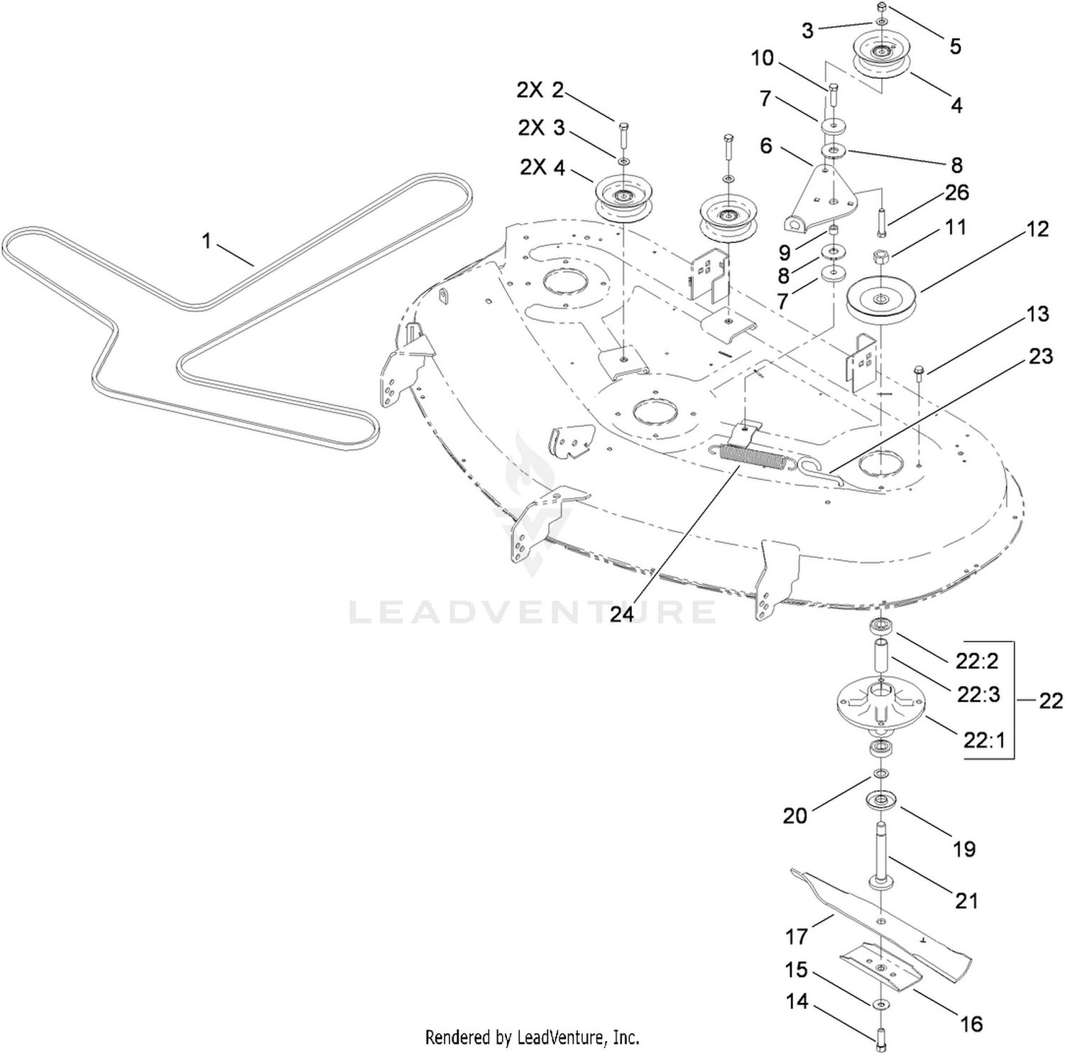 50 Inch Deck Spindle, Belt and Blade Assembly