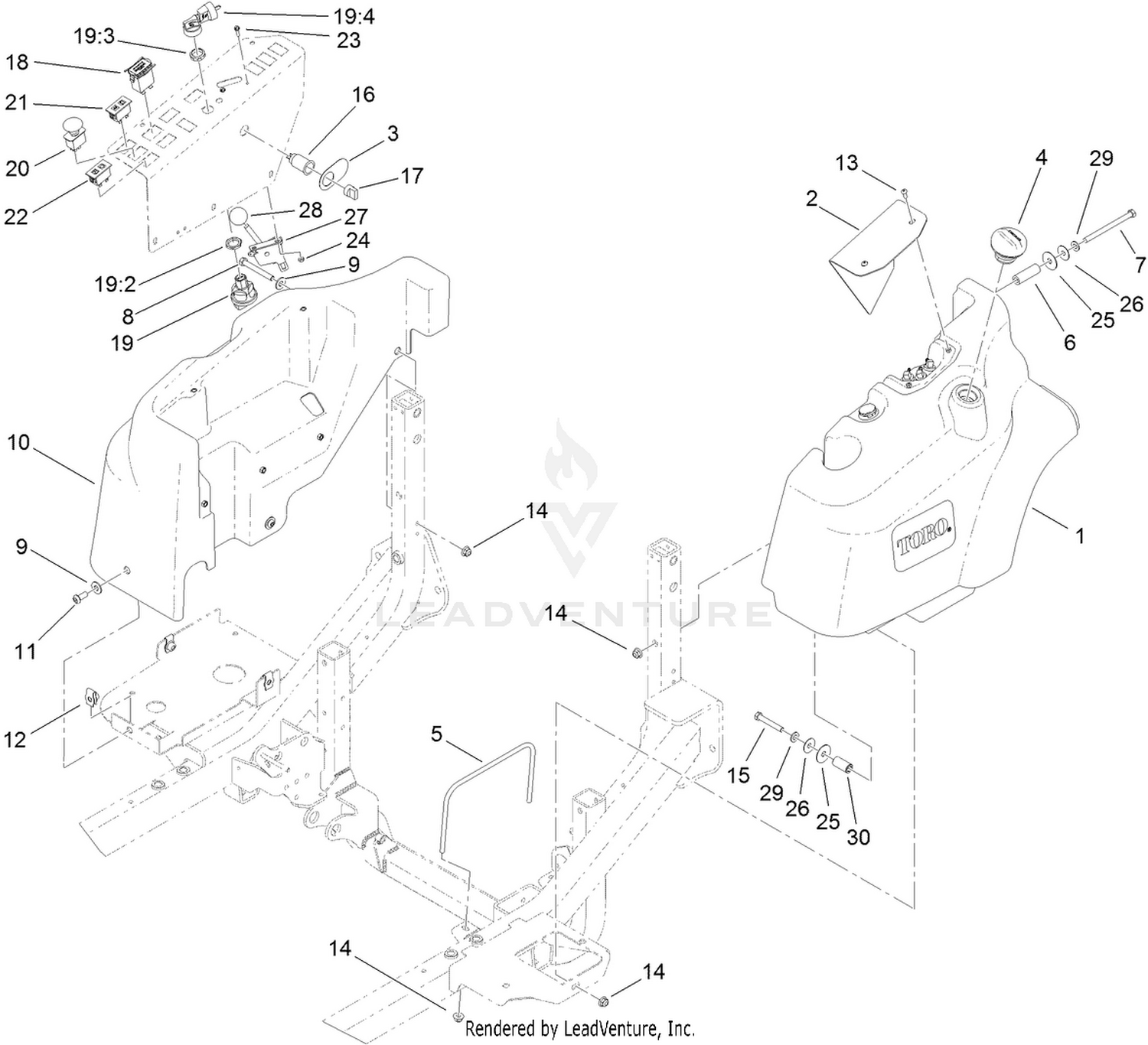 Fuel Tank and Control Panel Component Assembly