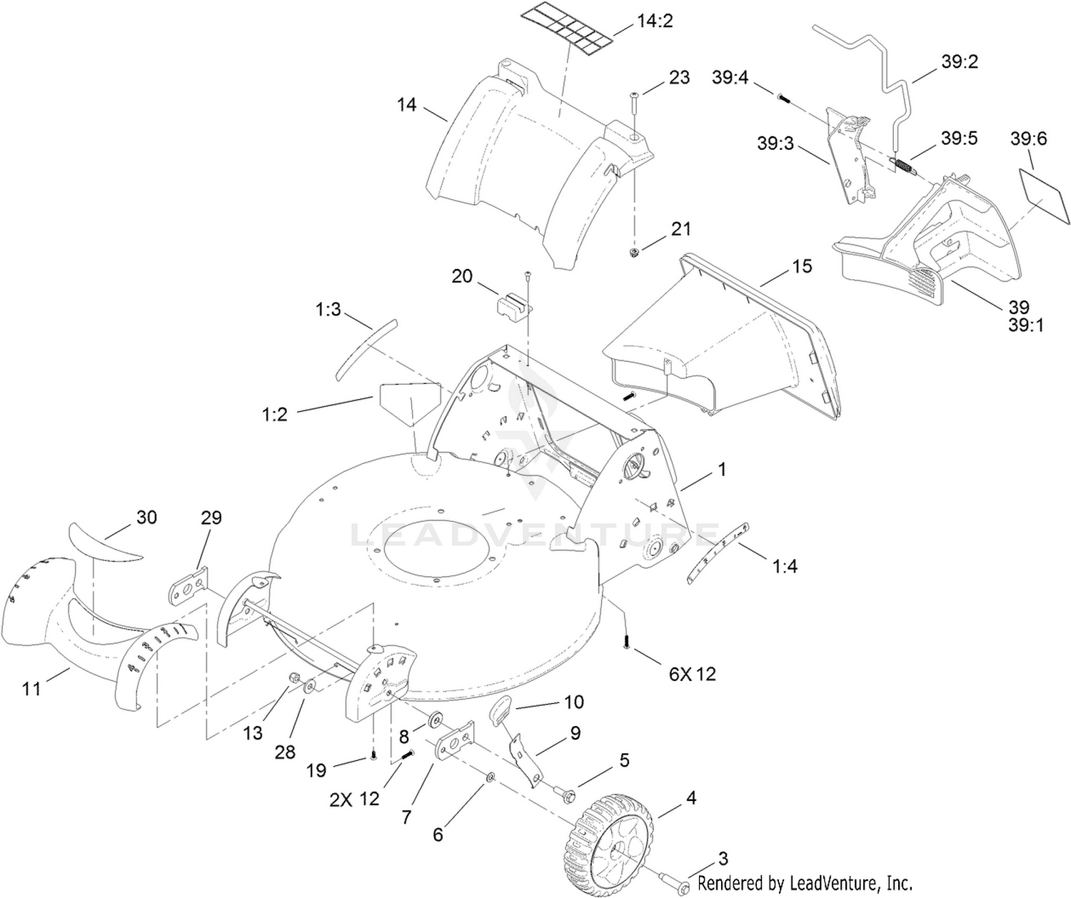Deck Housing, Front Wheel and Rear Door Assembly
