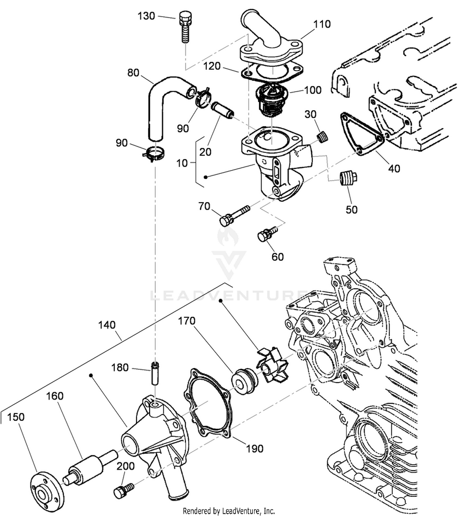 Water Flange, Thermostat and Water Pump Assembly