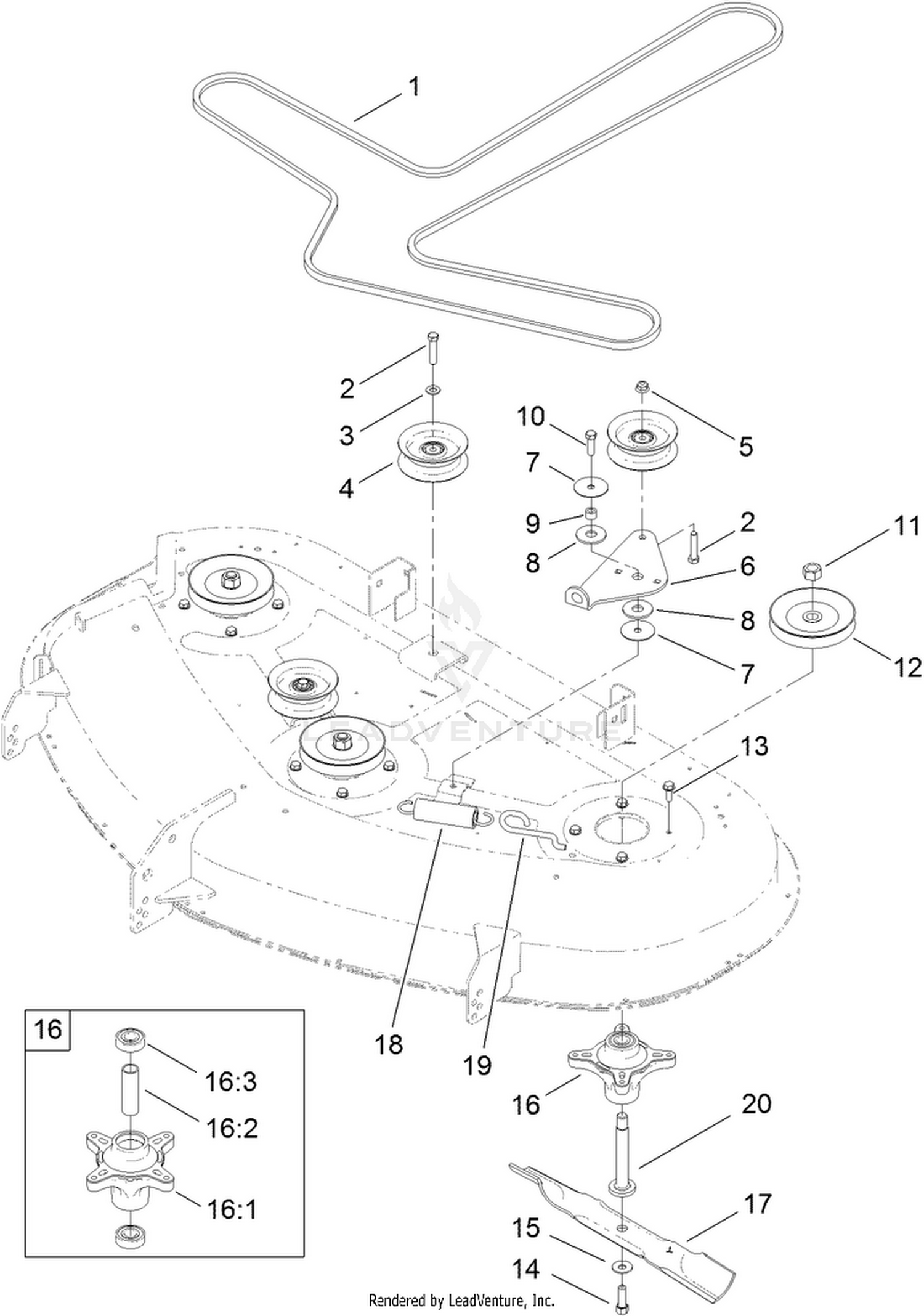 50 Inch Deck Belt, Spindle and Hi-Lift Blade Assembly