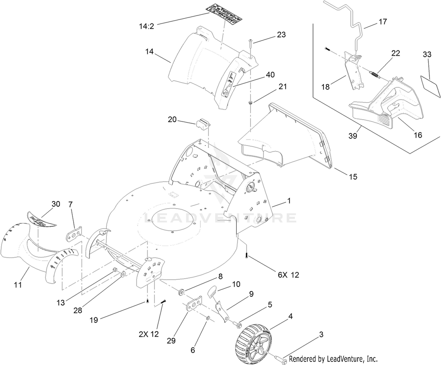 Deck Housing, Front Wheel and Rear Door Assembly