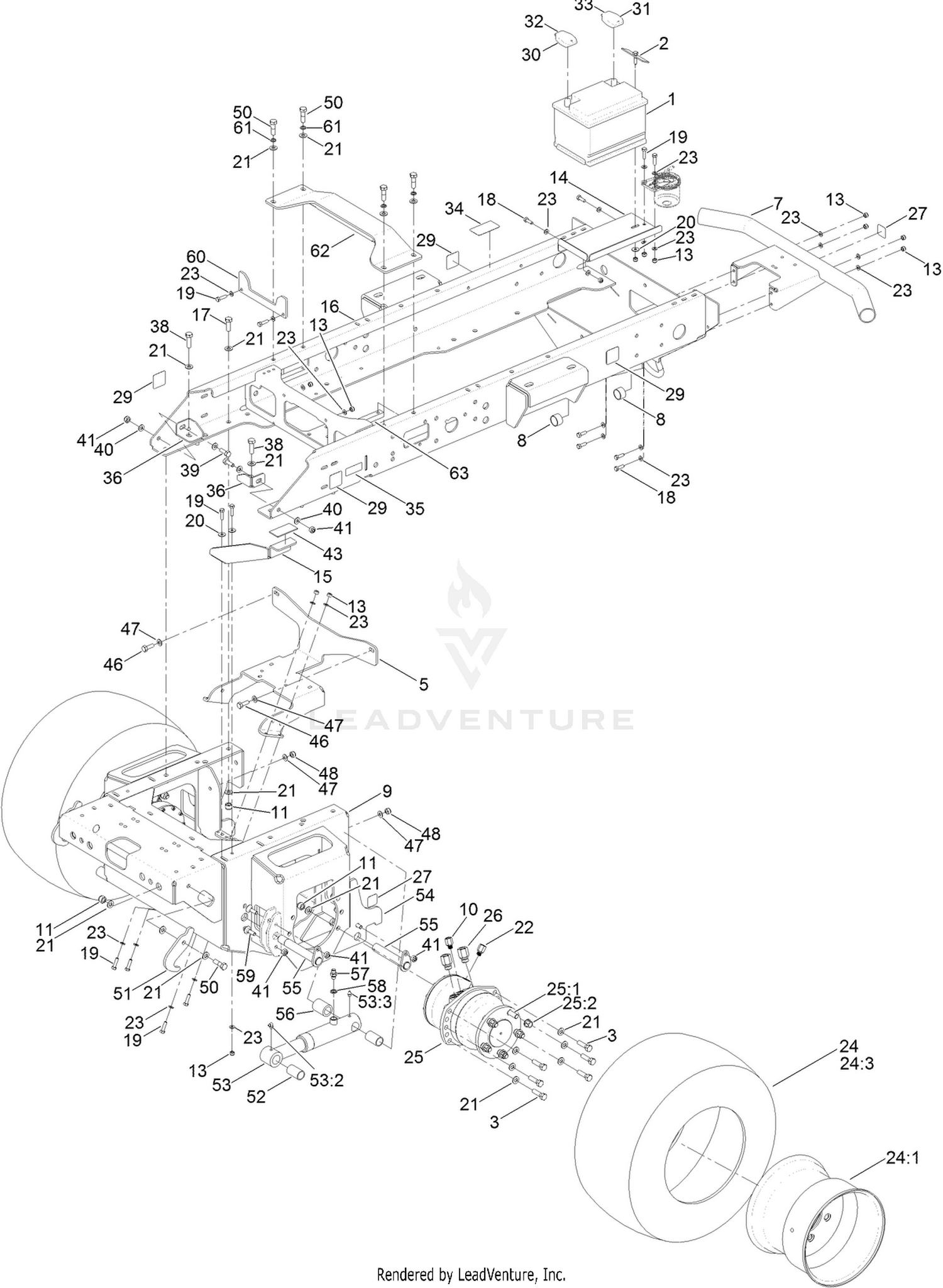 Main Frame, Chassis, Front Wheel  and Battery Assembly