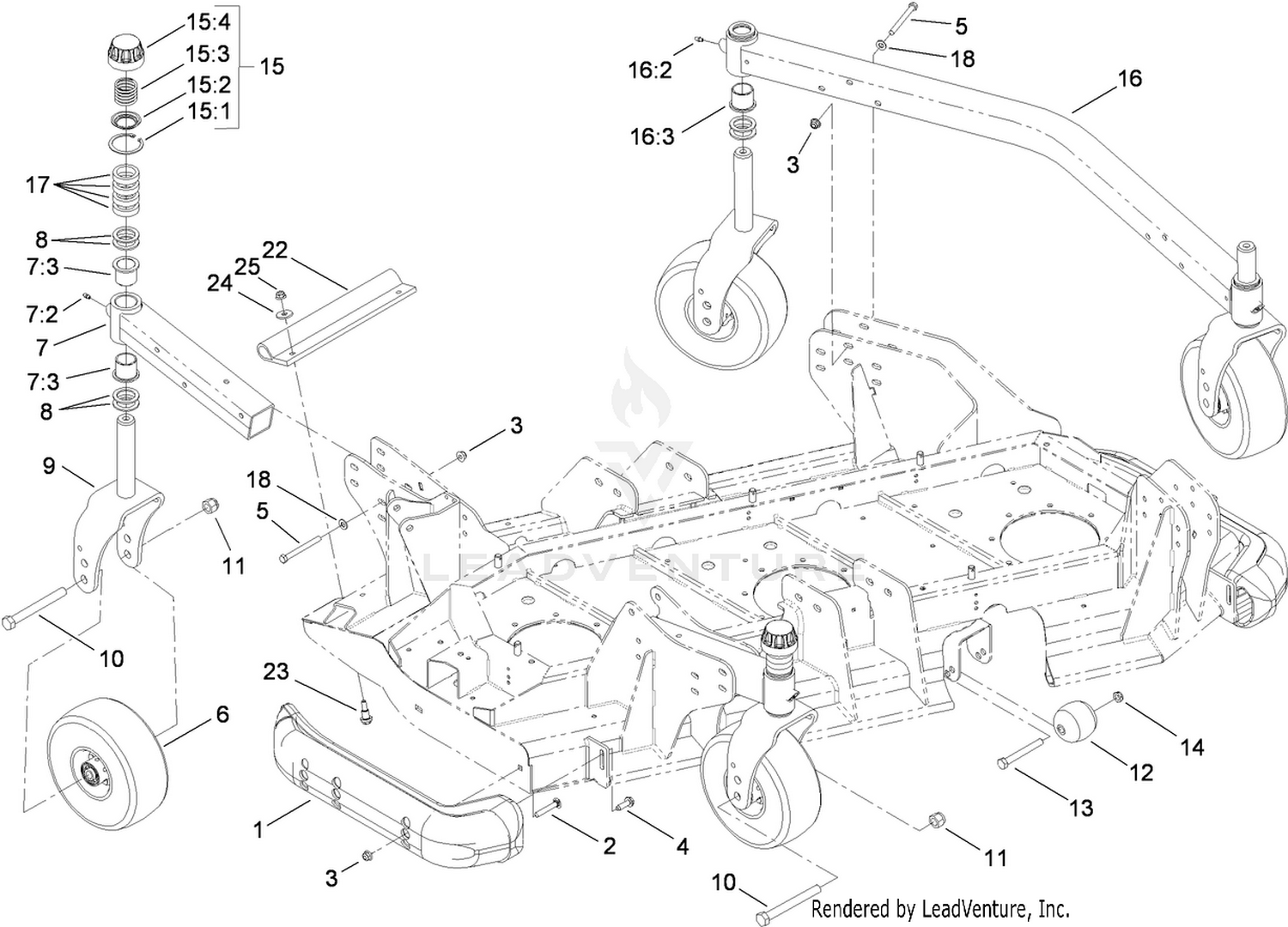 Left Deck Roller, Skid and Caster Wheel Assembly