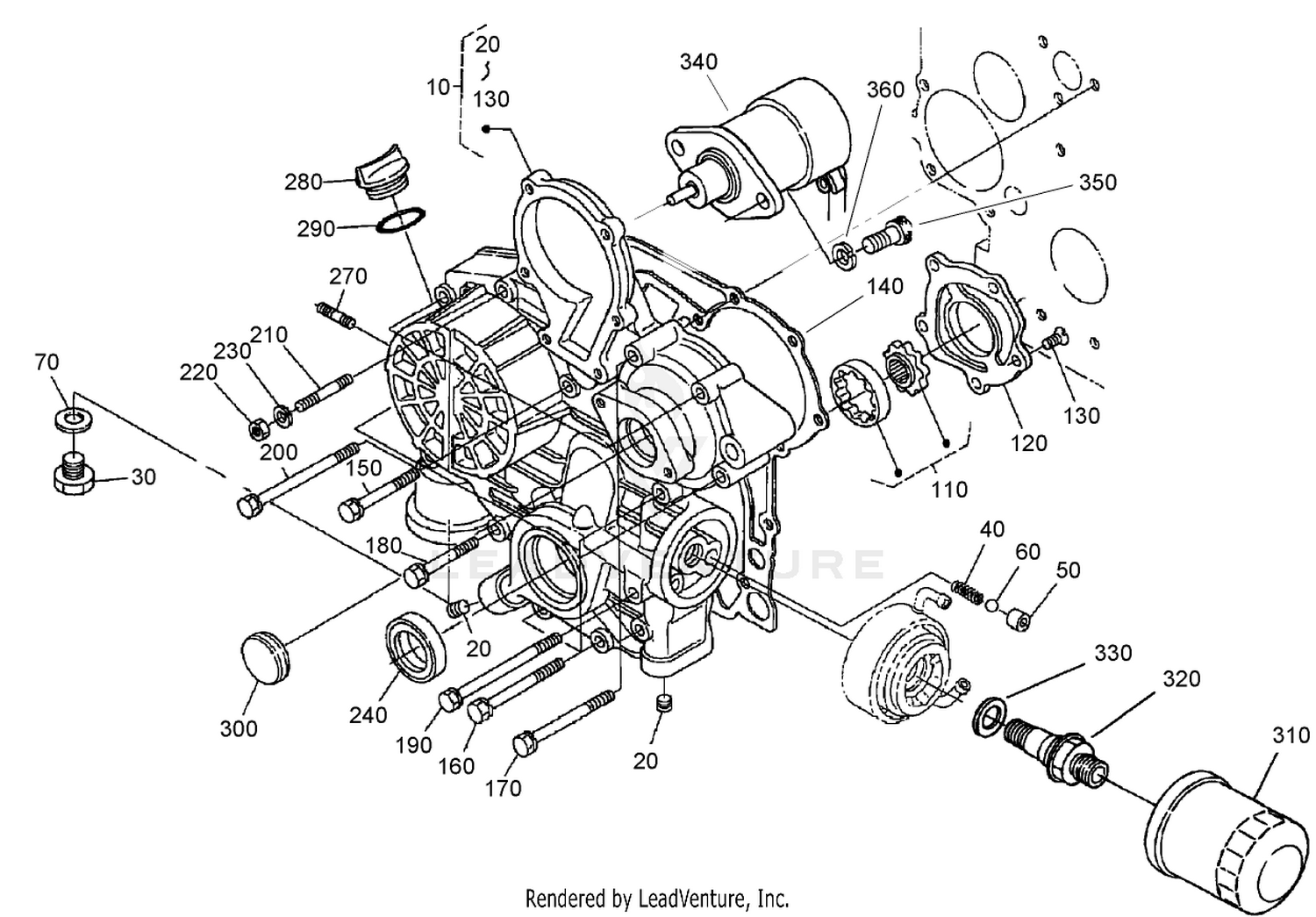 Gear Case, Oil Filter and Stop Solenoid Assembly