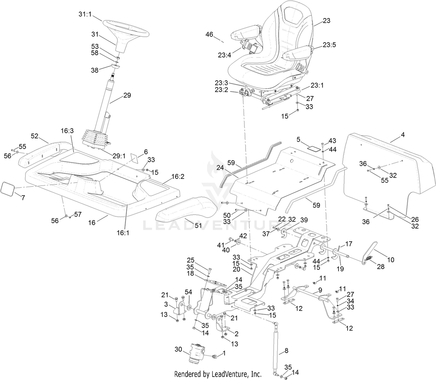Steering Column, Seat and Platform Assembly