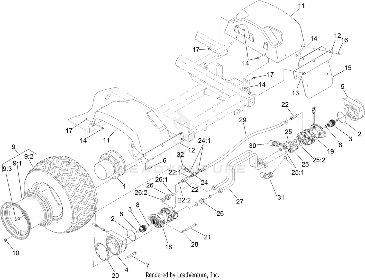 Rear Wheel, Fender and Motor Assembly