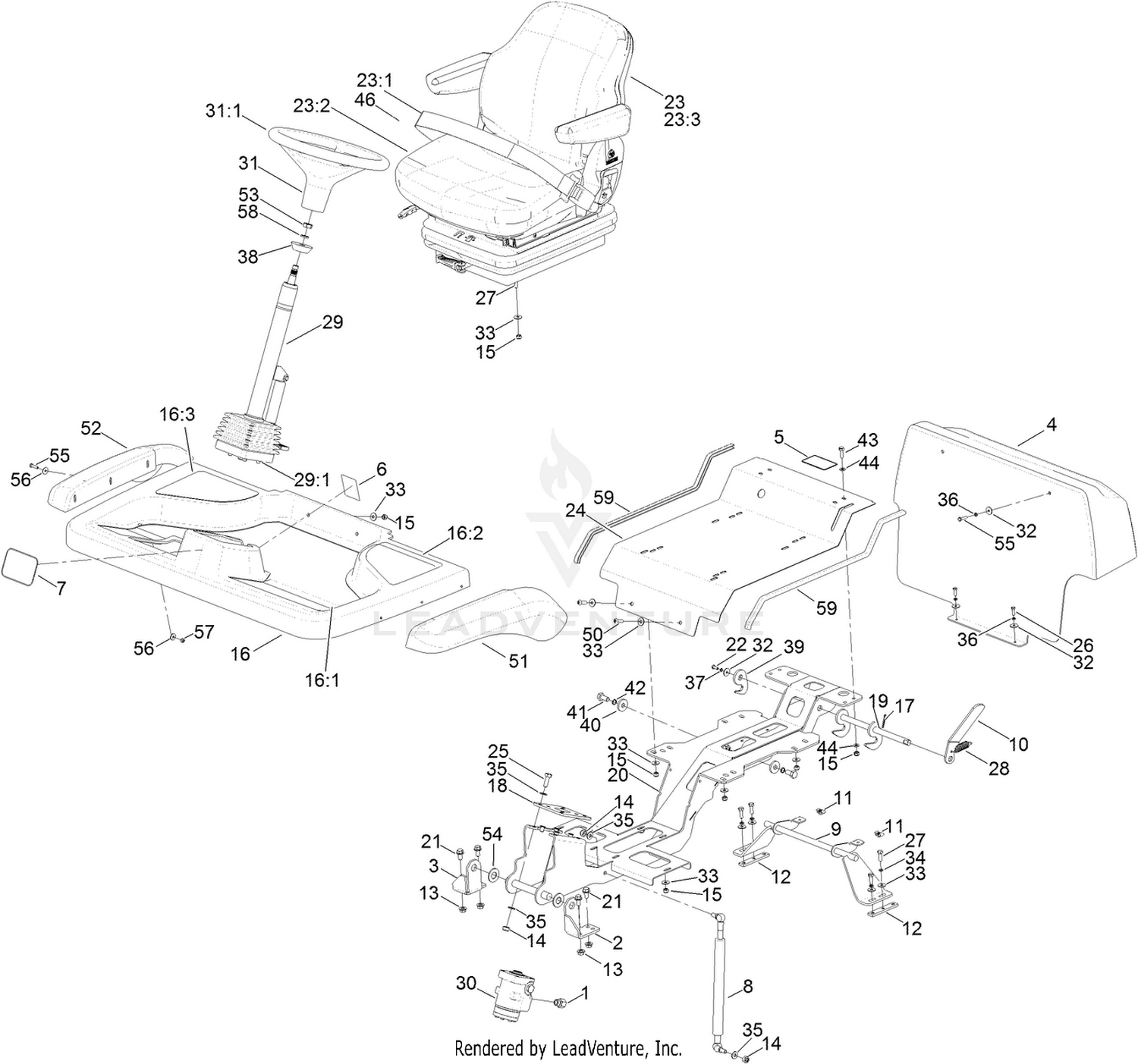 Steering Column, Seat and Platform Assembly