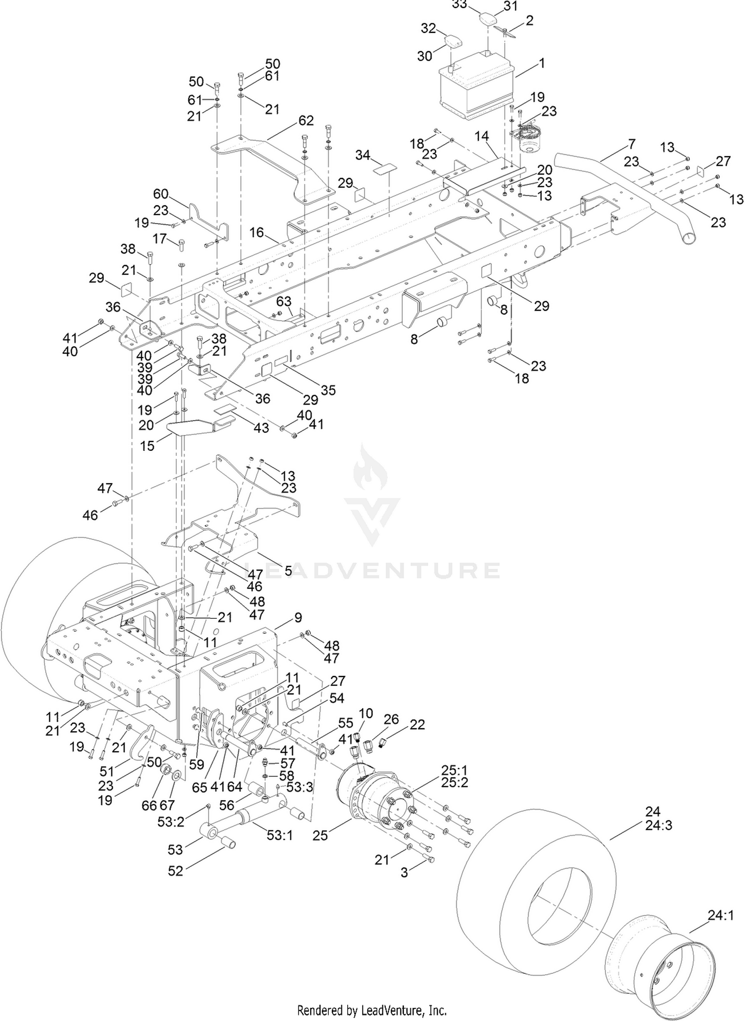 Main Frame, Chassis, Front Wheel  and Battery Assembly