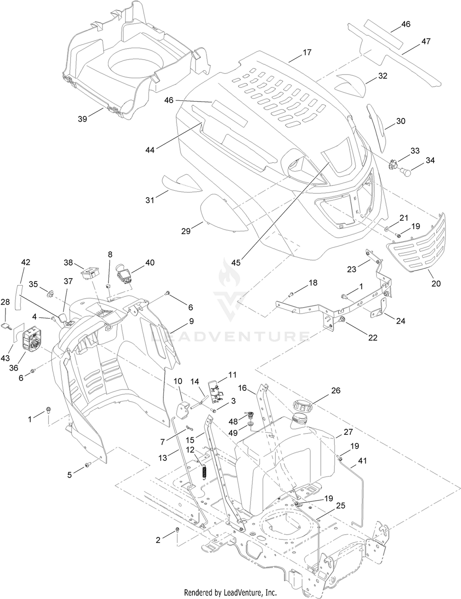 Fuel Tank, Hood and Dash Assembly
