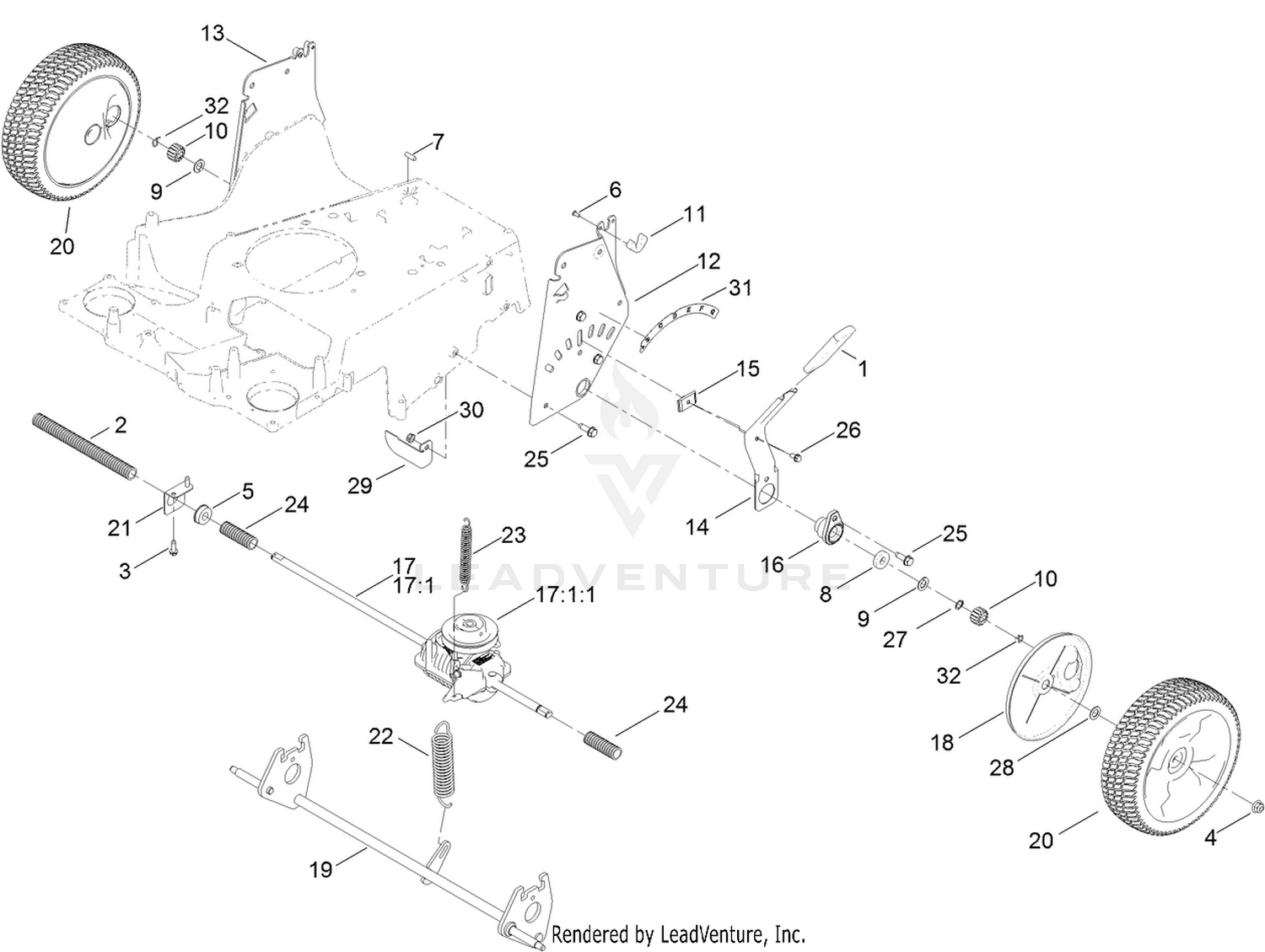 Transmission, Rear Wheel and  Height-of-Cut Asseembly