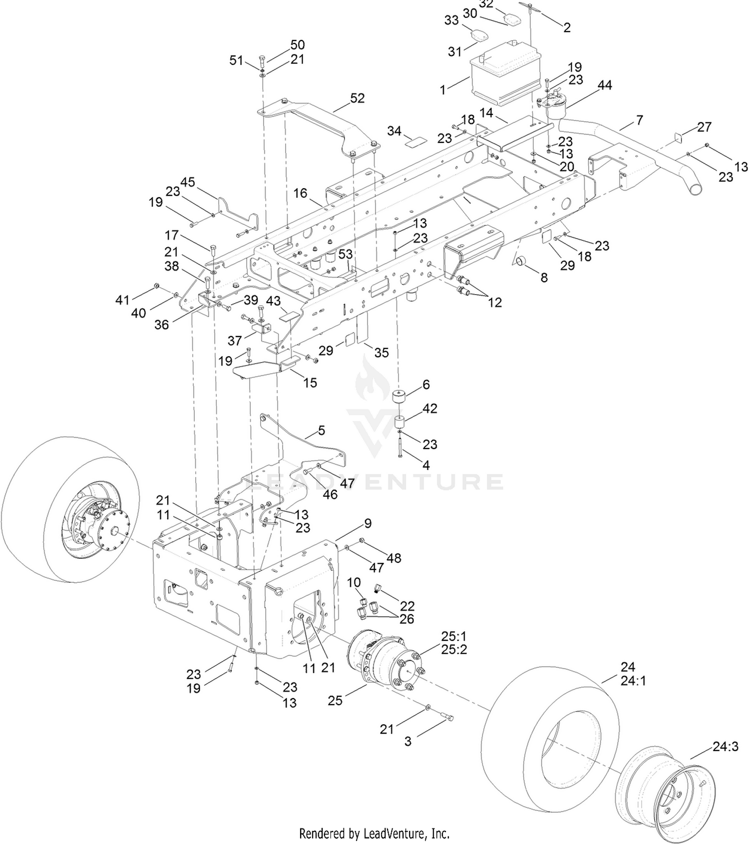Main Frame, Front Wheel and  Battery Assembly