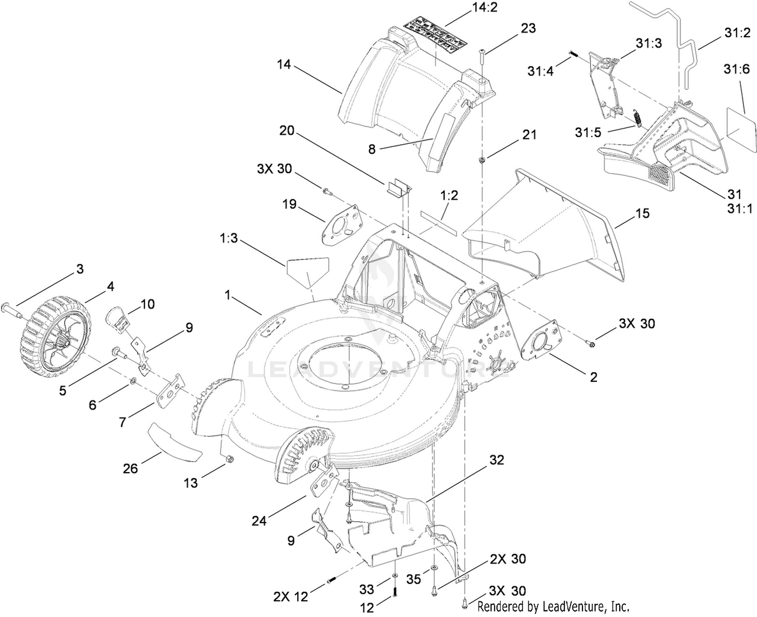 Deck Housing, Front Wheel and Mulch Plug Assembly