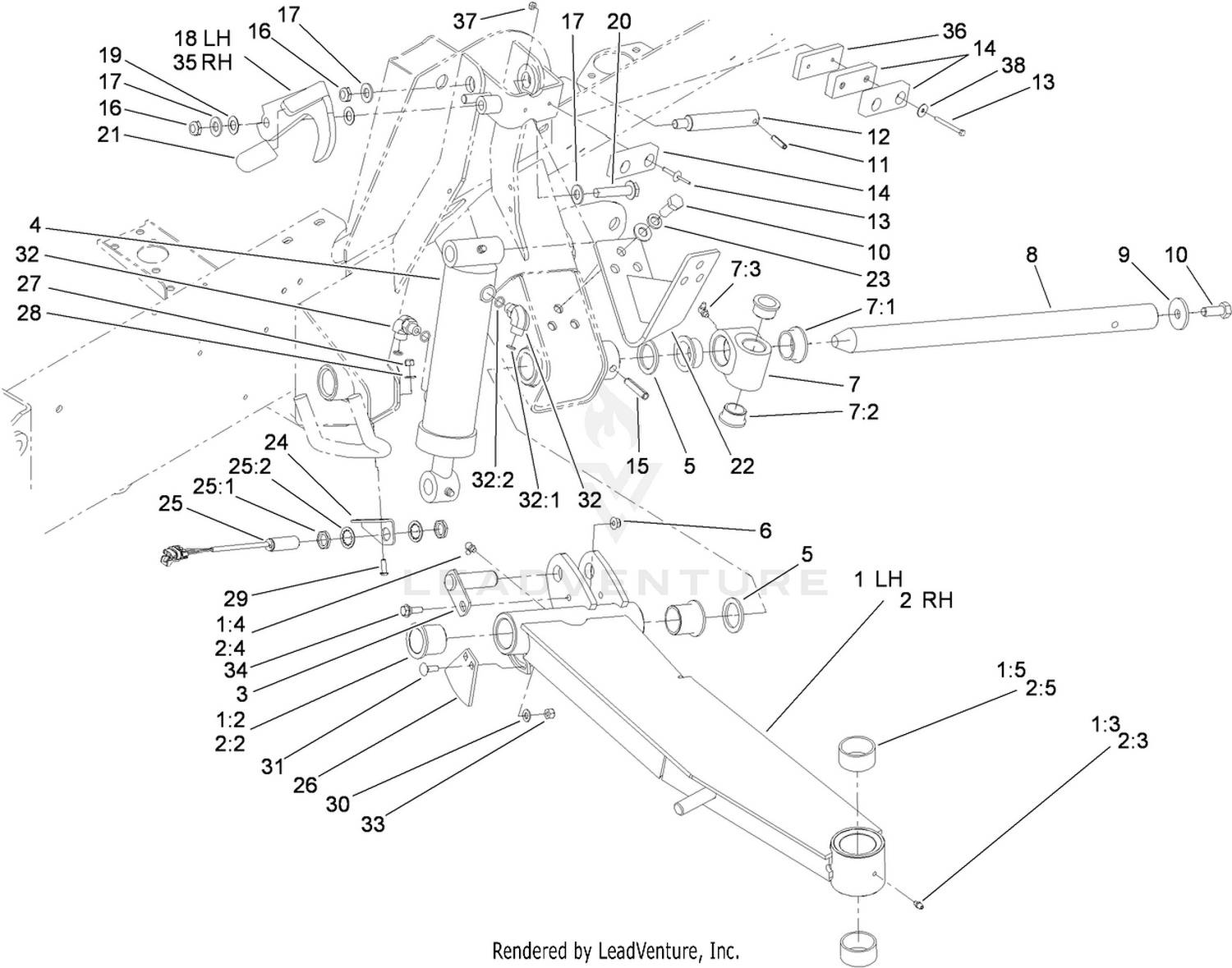 Side Deck Lift Arm, Cylinder and Latch Assembly
