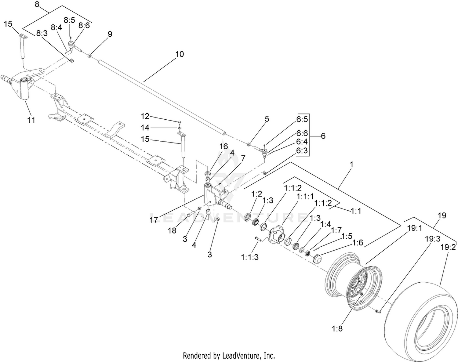 Front Wheel, Tie Rod and Spindle Assembly