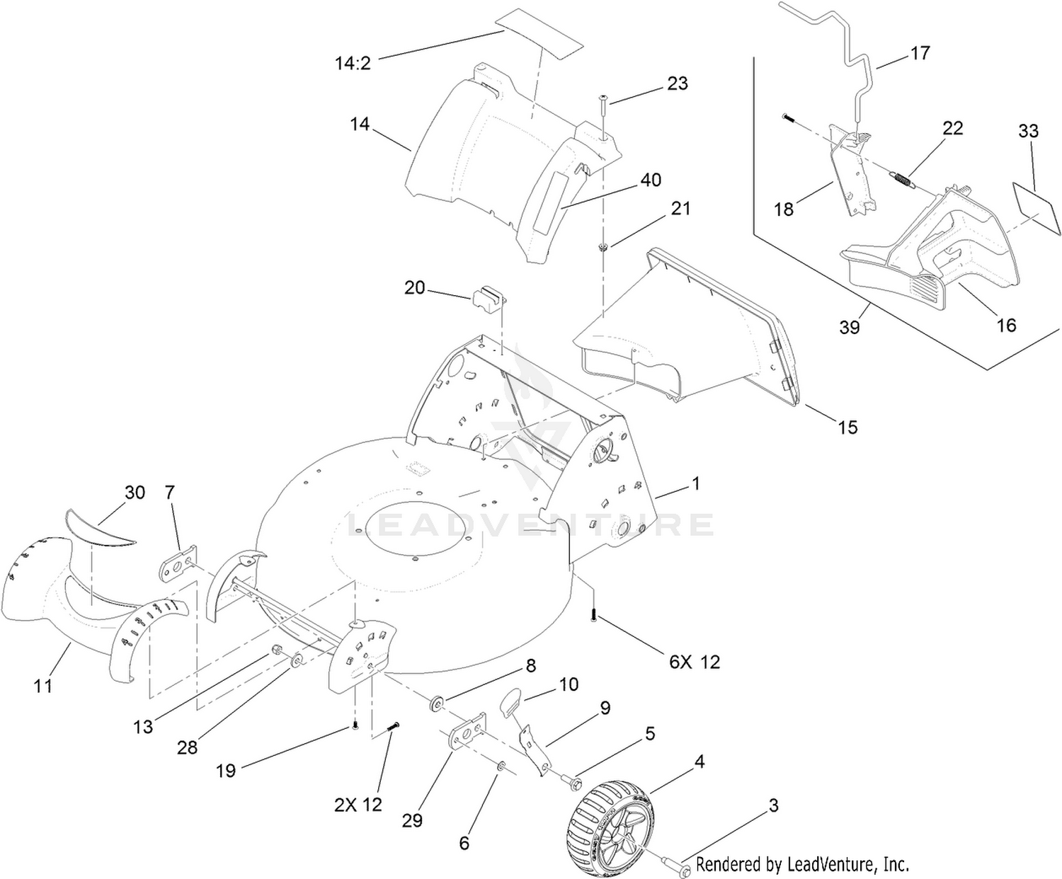 Deck Housing, Front Wheel and Rear Door Assembly
