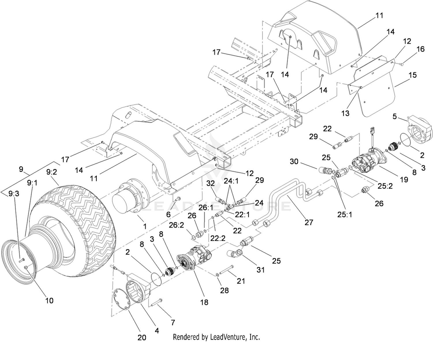 Rear Wheel, Fender and Motor Assembly
