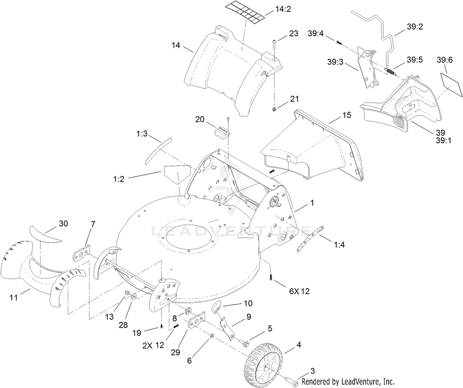 Deck Housing, Front Wheel and Rear Door Assembly