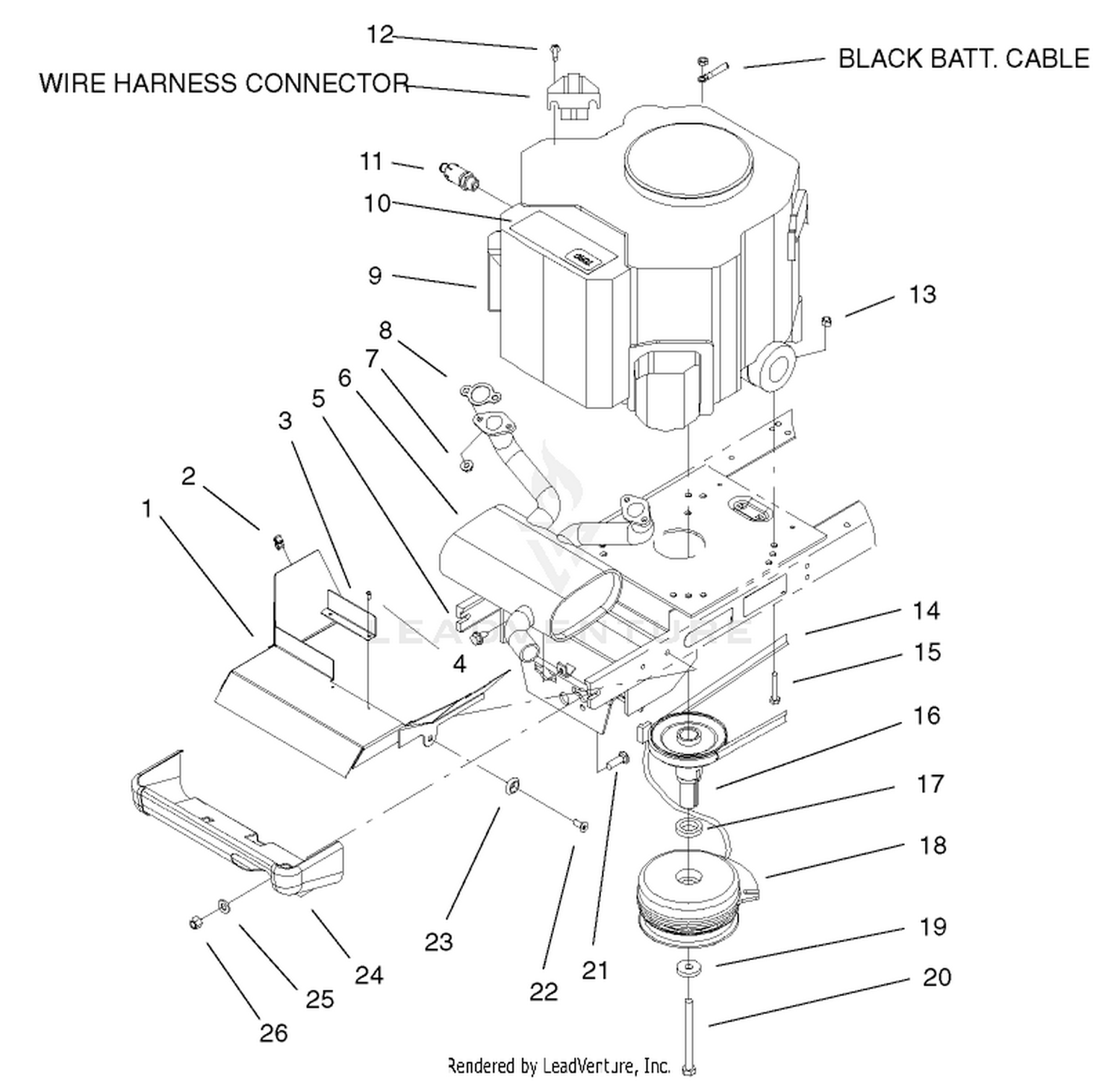 Twin Cylinder Engine, Muffler and PTO Assembly