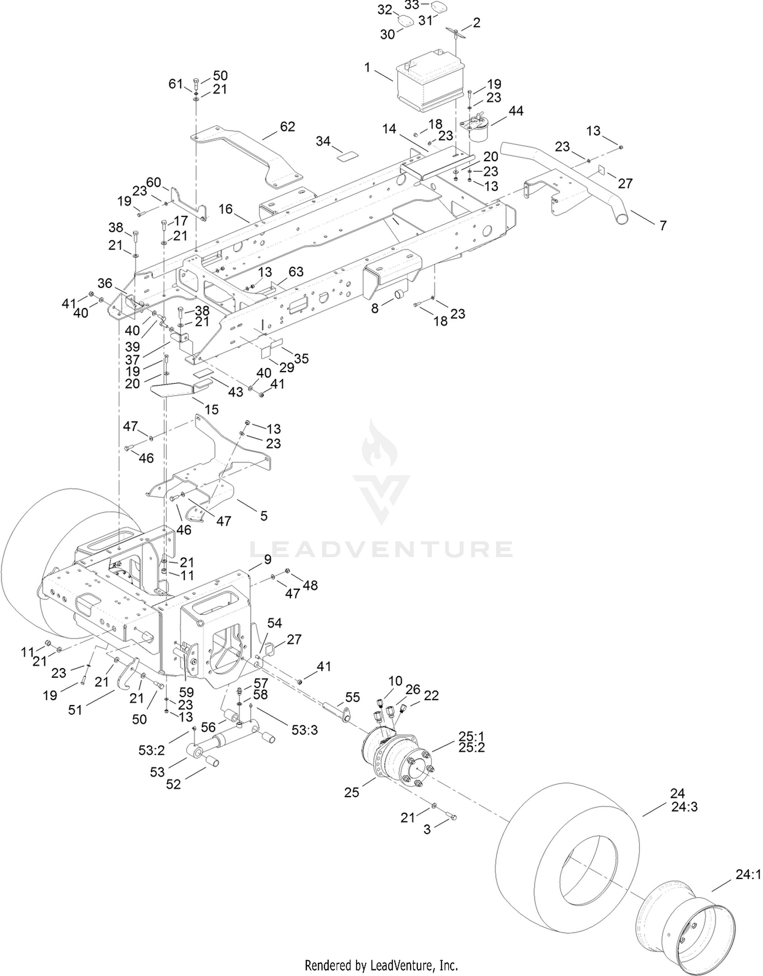 Main frame, Chassis, Front Wheel and  Battery Assembly